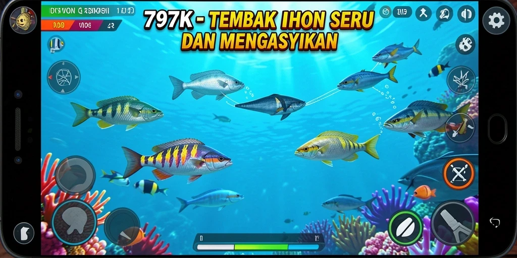 Screenshot gameplay 797K menampilkan aksi seru menembak ikan.