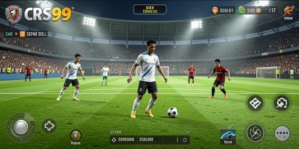 Screenshot utama <strong>CRS99</strong> menampilkan aksi menegangkan di lapangan sepak bola.