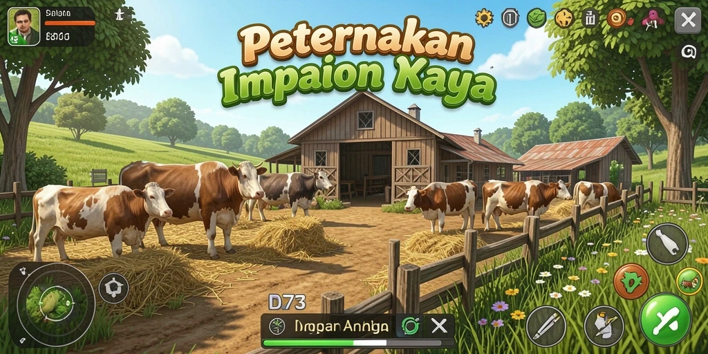 Tangkapan layar gameplay D73 menampilkan lahan pertanian yang indah dan aktivitas bertani.