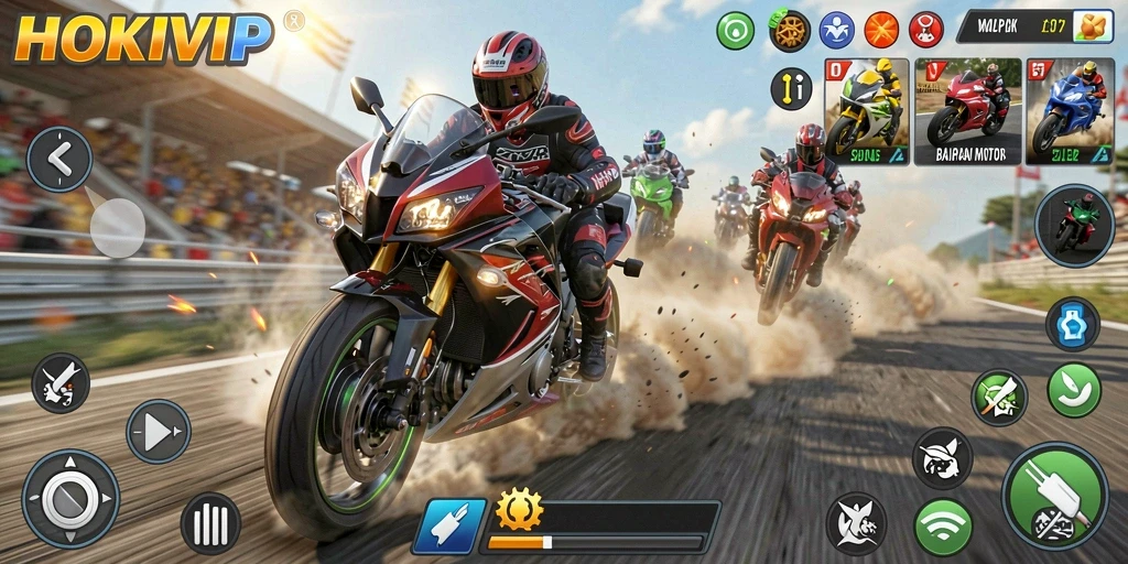 Screenshot gameplay HOKIVIP dengan balapan motor yang mendebarkan.
