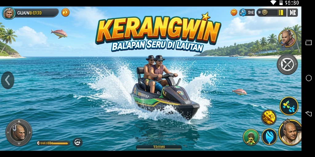 Tampilan gameplay KERANGWIN dengan kapal balap melawan gelombang laut.