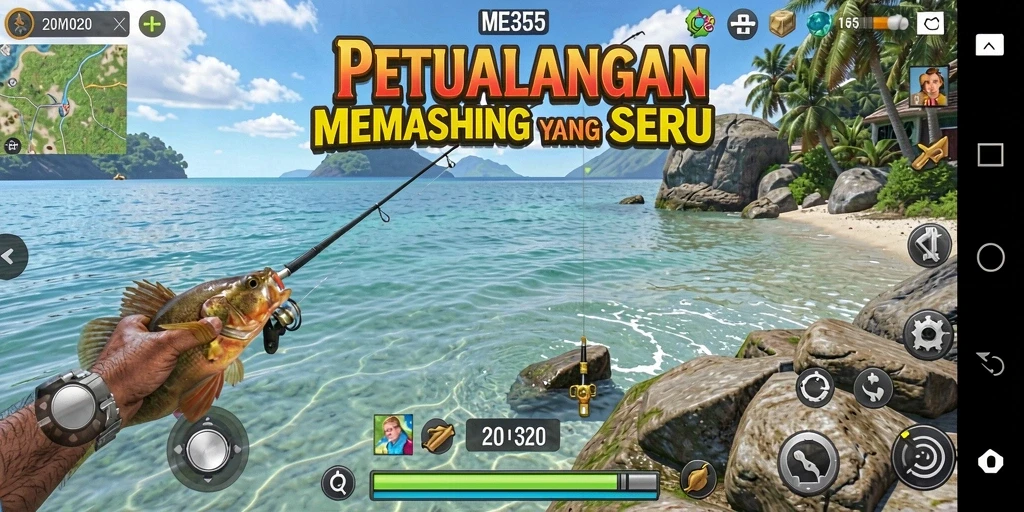Gameplay ME355 yang menampilkan momen memancing yang mendebarkan.