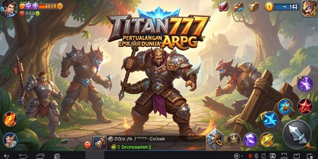 Screenshot gameplay <strong>TITAN777</strong> yang menunjukkan pertarungan epik dan eksplorasi dunia.